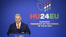 Hungary's Prime Minister Viktor Orban prepares to address a media conference at the end of an EU Summit at the Puskas Arena in Budapest, Friday, Nov. 8, 2024