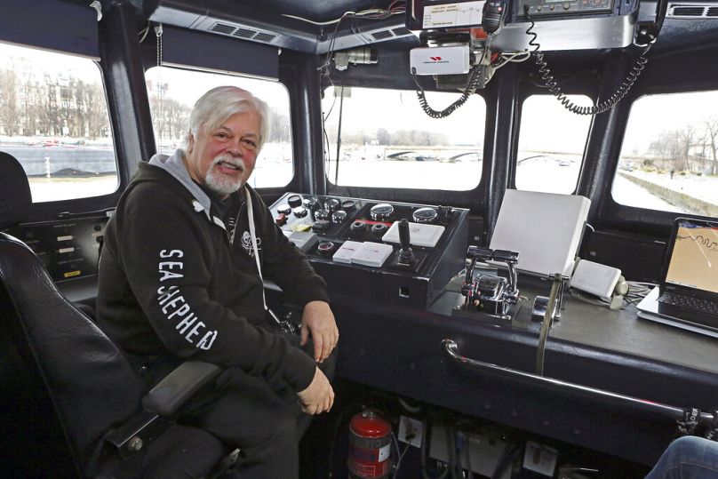 Watson poses aboard the trimaran 'Brigitte Bardot' moored on the Seine river banks in Paris, France in 2015