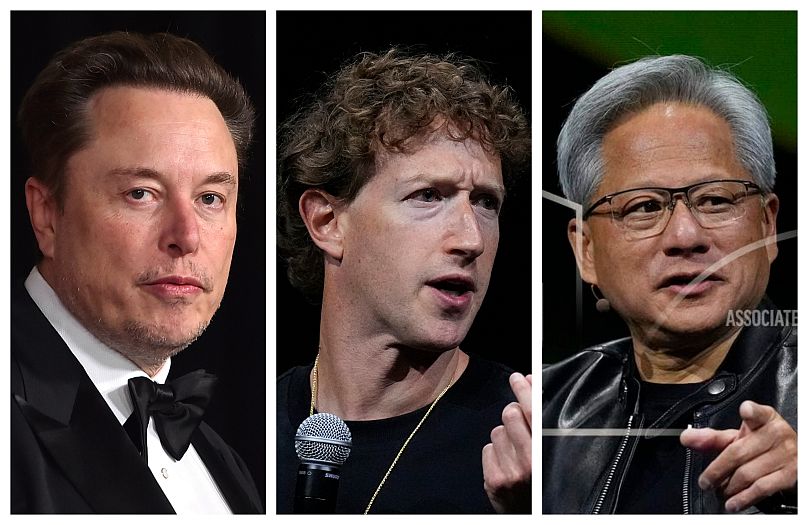 De gauche à droite : Elon Musk, PDG de Tesla et SpaceX, Mark Zuckerberg, PDG de Meta, et Jensen Huang, PDG de Nvidia