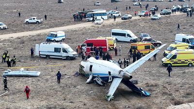 The wreckage of Azerbaijan Airlines Embraer 190 lies on the ground near the airport of Aktau, 25 December, 2024