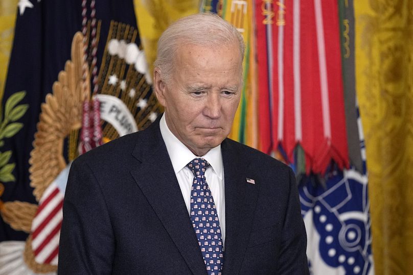 President Joe Biden pauses while presenting the Medal of Honor during a ceremony in the East Room of the White House, 3 January, 2025