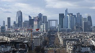  La Defense business district is pictured from the top of the Arc de Triomphe, Monday, Feb. 12, 2024 in Paris. 