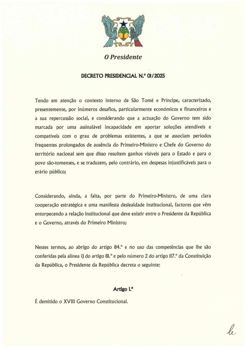 Communiqué officiel de la présidence de Sao Tome e Principe, publié le 6 janvier 2025