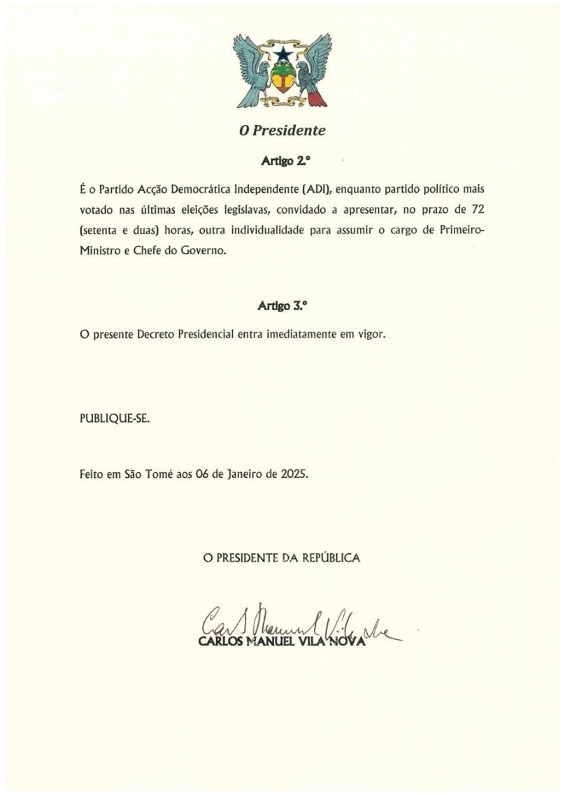 Communiqué officiel de la présidence de Sao Tome e Principe, publié le 6 janvier 2025