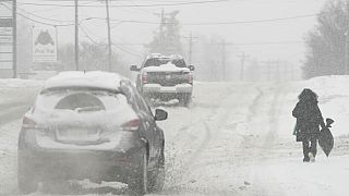 La neve cade copiosa mentre una persona cammina lungo la U.S. Route 42 a Florence, Ky., lunedì 6 gennaio 2025.