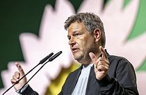 Robert Habeck, Federal Minister for Economic Affairs and Climate Protection, speaks at the Greens federal delegates conference in Wiesbaden, Germany Friday, Nov. 15, 2024