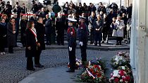 French President Emmanuel Macron and Mayor of Paris Anne Hidalgo during commemorations marking 10 years since an Islamist attack on the Charlie Hebdo, Tuesday Jan. 7, 2025.