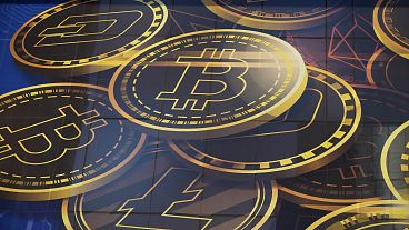 File picture of an advertisement for Bitcoin displayed on a building in Hong Kong