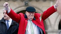 Former far-right National Front party leader Jean-Marie Le Pen reacts the statue of Joan of Arc, in Paris, 1 May 2017