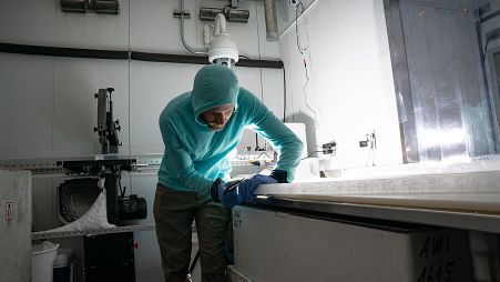 A research preps the longitudinal ice core samples for high-resolution lead measurements.