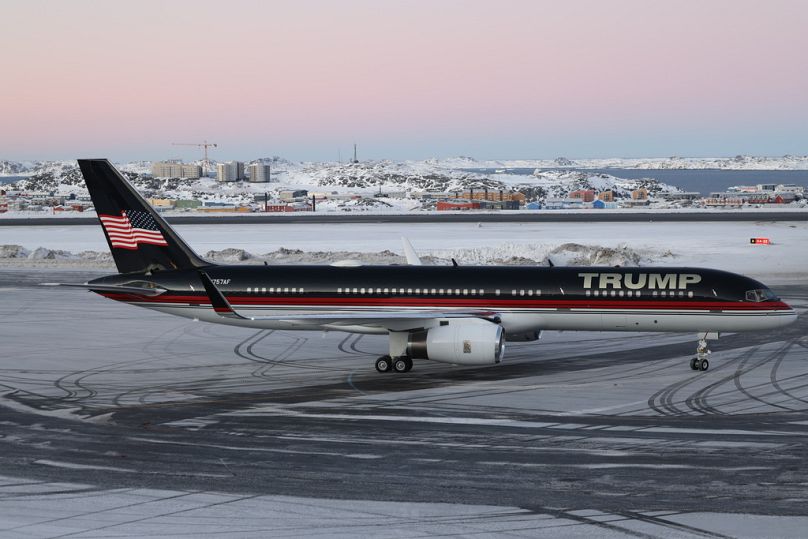 A plane carrying Donald Trump Jr. lands in Nuuk, Greenland, Tuesday, Jan. 7, 2025