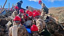 First responders perform rescue work at a village in Changsuo Township of Dingri County in Xigaze, southwest China's Tibet Autonomous Region, Jan. 7, 2025