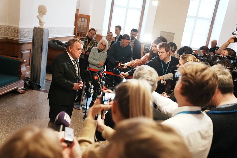 Denmarks Foreign Minister Lars Loekke Rasmussen answers questions from the press in the Parliament, Christiansborg Castle, in Copenhagen, Wednesday Jan. 8, 2025, after Donald 