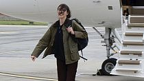 Cecilia Sala walks on the tarmac as she landed at Rome' Ciampino airport after being released, Wednesday, Jan. 8, 2025