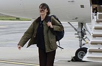 Cecilia Sala walks on the tarmac as she landed at Rome' Ciampino airport after being released, Wednesday, Jan. 8, 2025