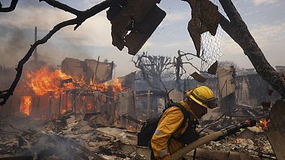 Strażak walczy z pożarem w dzielnicy Pacific Palisades w Los Angeles