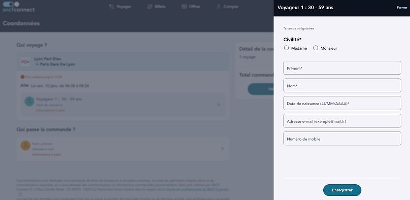Capture du site SNCF Connect lors de la finalisation de l'achat d'un billet. 