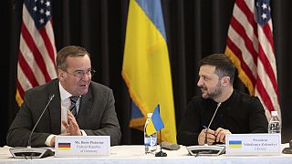 Ukrainian President Volodymyr Zelenskyy, and German Defence Minister Boris Pistorius at Ramstein Air Base, Germany, Thursday, Jan. 9, 2025. 
