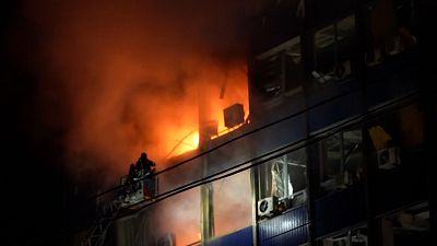 A building on fire following the Russian air strike, 08.01.2025