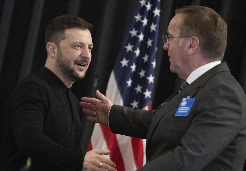 Ukrainian President Volodymyr Zelenskyy, left, and German Defence Minister Boris Pistorius at Ramstein Air Base, Germany, Thursday, Jan. 9, 2025. 