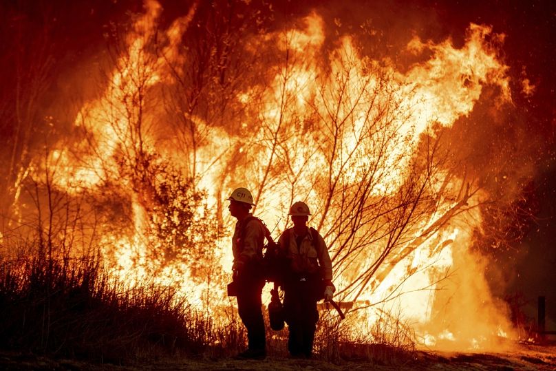 I vigili del fuoco combattono contro l'incendio Kenneth nella zona di West Hills a Los Angeles, 9 gennaio 2025
