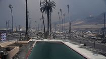  Uma propriedade devastada pelo incêndio florestal após a passagem do incêndio de Palisades, no bairro de Pacific Palisades, em Los Angeles, a 8 de janeiro de 2025. 