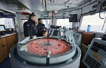 An Estonian naval ship sails in the Baltic Sea on Thursday, Jan. 9, 2025, as part of stepped-up NATO patrols in the region following suspected sabotage of undersea cables.