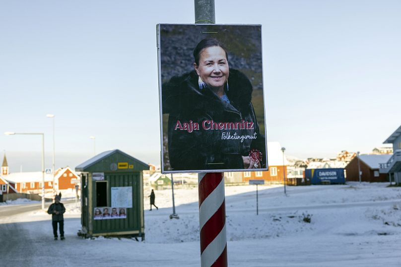 An election poster for parliamentary candidate Aaja Chemnitz, in Nuuk in Greenland, Denmark on Tuesday, Nov. 1, 2022.