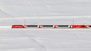 The Glacier Express on its way through Goms, Switzerland. 
