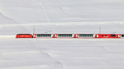 The Glacier Express on its way through Goms, Switzerland. 