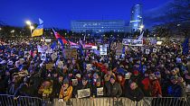 People gather to take part in a protest called "Slovakia is Europe" in Bratislava Friday, Jan. 10, 2025.