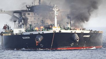This undated photo released by the private security firm Ambrey shows the oil tanker Sounion burning in the Red Sea This undated photo released by the private security firm Ambrey shows the oil tanker Sounion burning in the Red Sea