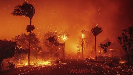 Un incendio selvaggio devasta un quartiere in mezzo a forti venti nel quartiere Pacific Palisades di Los Angeles, 7 gennaio 2025