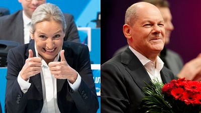 AfD national chairwoman Alice Weidel in Riesa and Chancellor Olaf Scholz in Berlin on Saturday, Jan. 11, 2025. (Sebastian Kahnert/dpa via AP)