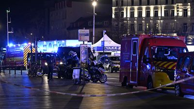 Police officers block the access to the station after two trams collided, injuring dozens of people in Strasbourg, 11 January, 2025 