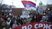 People gather in front of Serbia's Constitutional Court in Belgrade during a protest over the collapse of a concrete canopy that killed 15 people in Novi Sad, 12 January, 2025