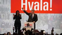 Zoran Milanović greets supporters in Zagreb as the preliminary results grant him victory in a runoff vote for the presidency, 12 January, 2025