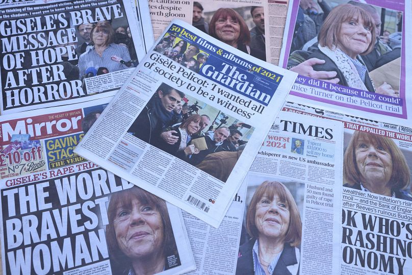 Montage des unes de certains journaux britanniques présentant les réactions au procès pour viol de Gisèle Pelicot, à Londres, le vendredi 20 décembre 2024.