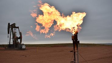 Immagine di una torcia che brucia gas naturale in un pozzo petrolifero a Watford City, North Dakota, USA