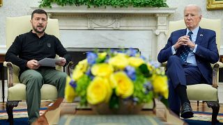 President Joe Biden, right, and Ukraine's President Volodymyr Zelenskyy, left, during their meeting at the White House in Washington, DC 26 Sept 2024