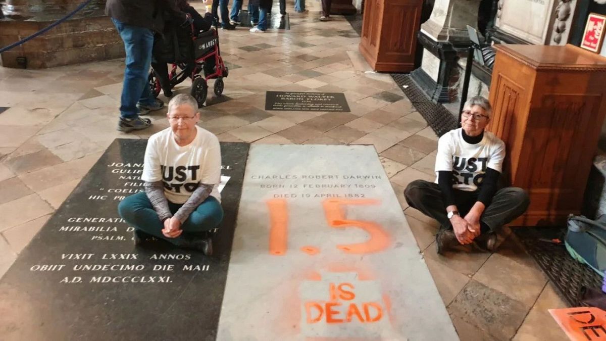 Just Stop Oil protesters arrested for spray-painting Charles Darwin's grave in Westminster Abbey