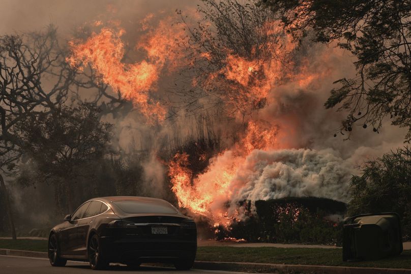 The Palisades Fire ravages a neighborhood amid high winds.