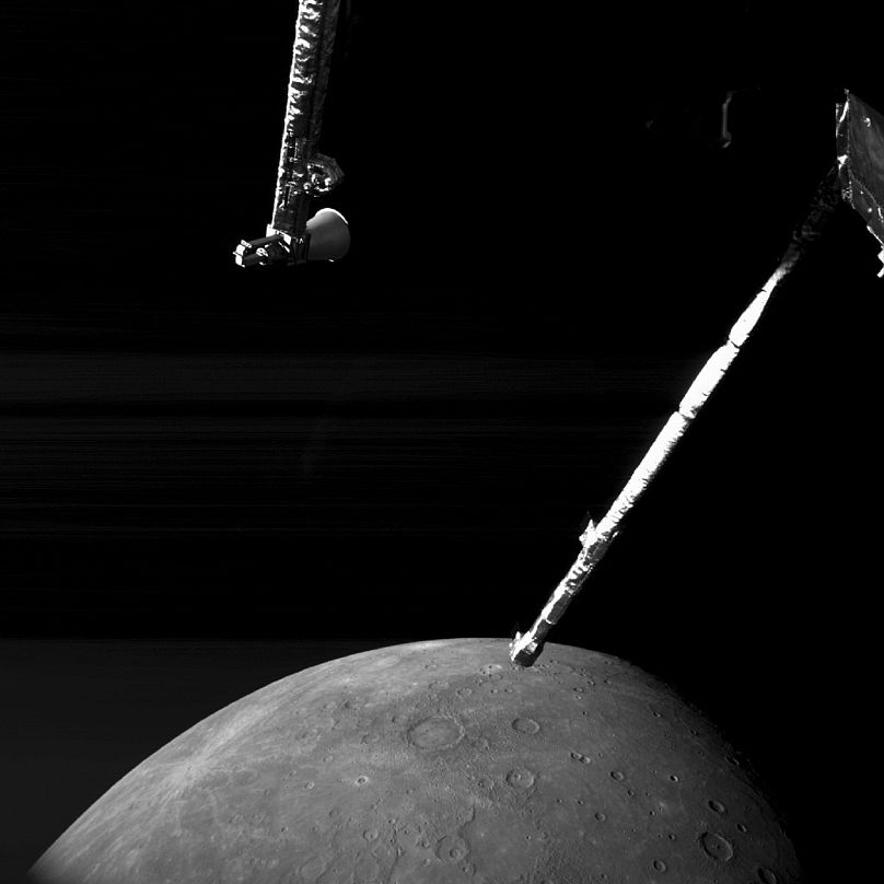 This image provided by European Space Agency shows close-up photos of Mercury showing Nathair Facula & Fonteyn crater taken by the European-Japanese spacecraft BepiColombo.