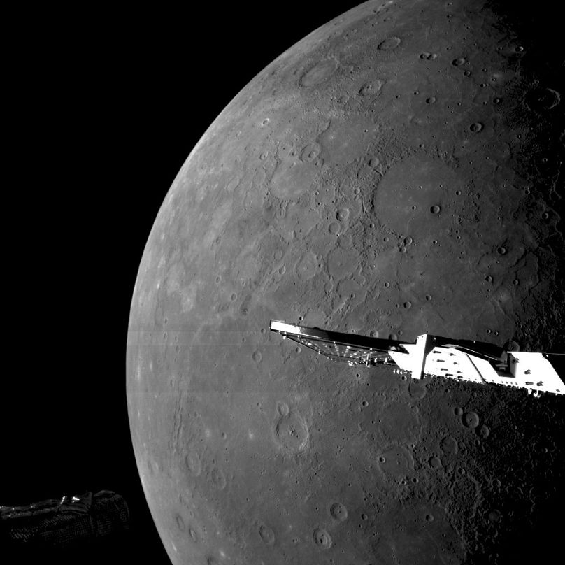 This image provided by European Space Agency shows close-up photos of Mercury showing northern plains taken by the European-Japanese spacecraft BepiColombo.