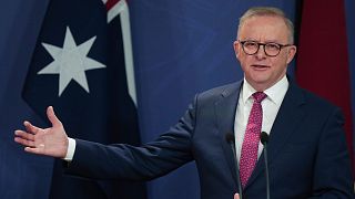 FILE - Australian Prime Minister Anthony Albanese gestures during a press conference in Sydney, Australia, 12 Dec 2024. 