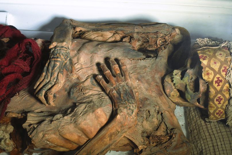 Una persona mummificata, appartenente alla cultura Chancay in Perù