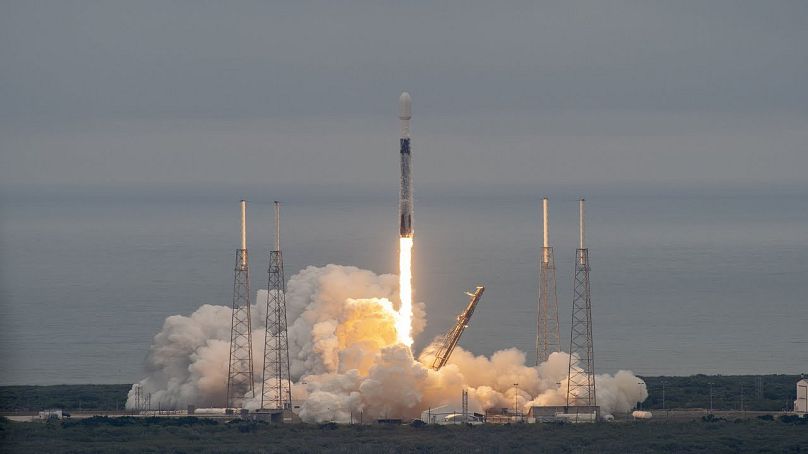 A SpaceX Falcon 9 rocket blasting off. 