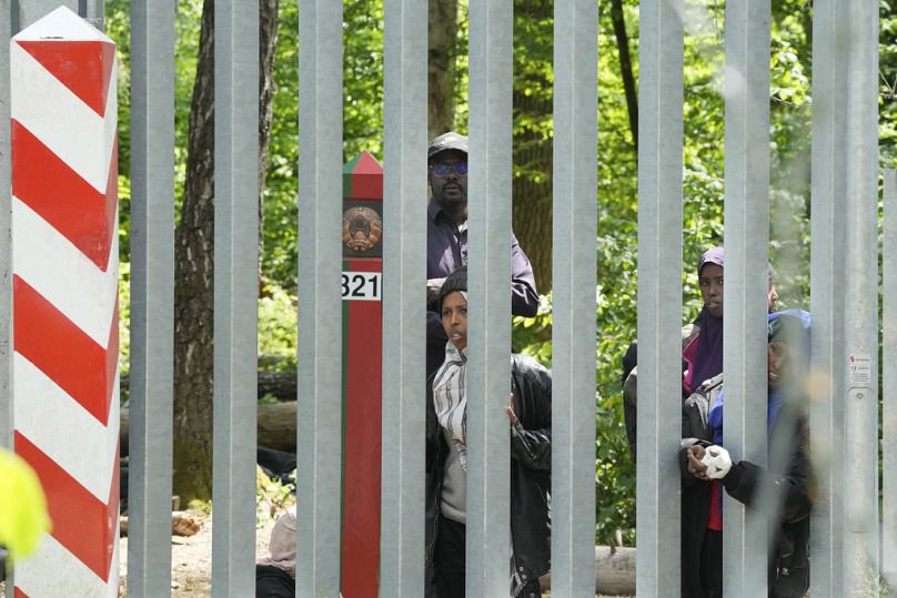 Migranci za metalowym ogrodzeniem na granicy polsko-białoruskiej.