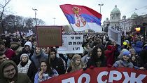 FILE: People gather in front of Serbia's Constitutional Court during a protest over the collapse of a concrete awning that killed 15 more than two months ago, 12 January 2025