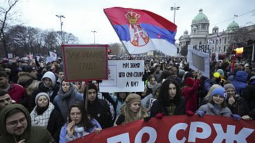FILE: People gather in front of Serbia's Constitutional Court during a protest over the collapse of a concrete awning that killed 15 more than two months ago, 12 January 2025 FILE: People gather in front of Serbia's Constitutional Court during a protest over the collapse of a concrete awning that killed 15 more than two months ago, 12 January 2025